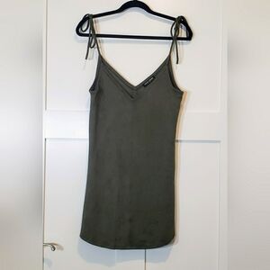 David Lerner Micro Suede Slip Dress Olive Green Size Small Shoulder Ties